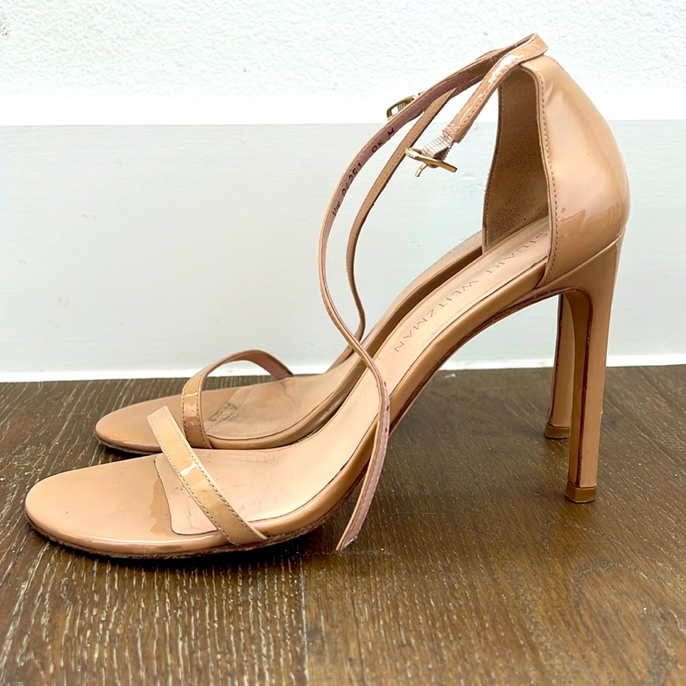 Stuart Weitzman Nudistsong heel, patent nude, 9.5